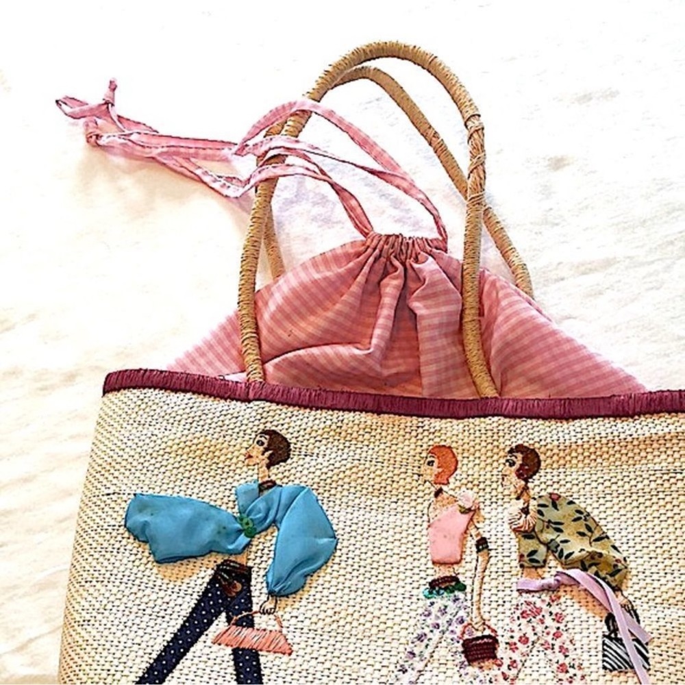 Vintage Fashionista Ladies Embellished Embroidered Appliqué Straw Bag - Picture 2 of 16